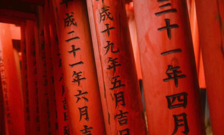 Torii Gates with Japanese Calligraphy in Kyoto